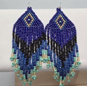 Handmade Seed Bead Fringe Earrings Blue Gold Turquoise Boho Dangle